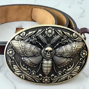 Gothic Death Moth Skull Belt Real Leather Western Engraved Buckle